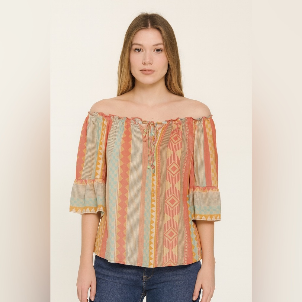 Boho Peasant Blouse Multicolor Geometric Print Tie Front SZ L ARH